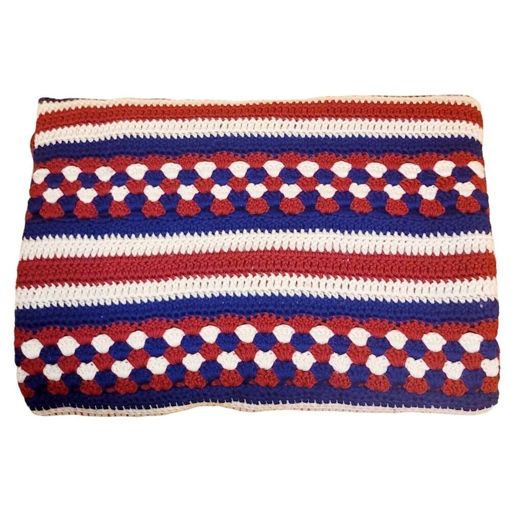 Vtg Knit Crocheted Blanket Throw Afghan 43" x 69" Red White Blue Stripes 70's